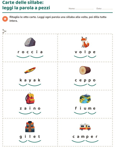 Anteprima della scheda di Carte illustrate con la parola con Campeggio per Scuola primaria classe prima