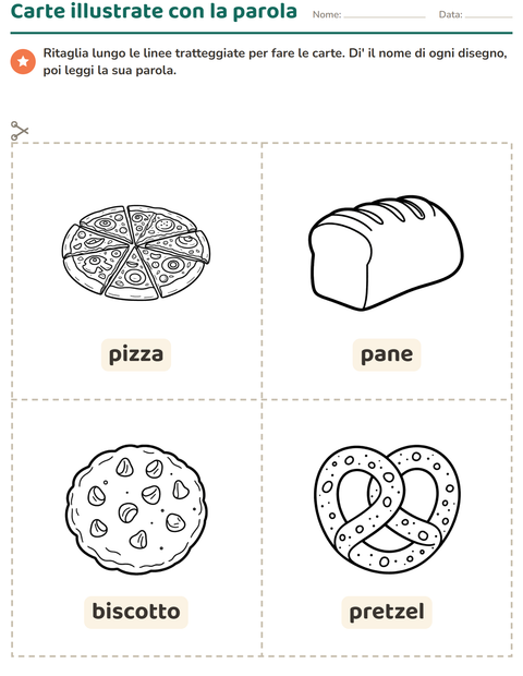Anteprima della scheda di Carte illustrate con la parola con Cibo BN per Scuola dell'infanzia (5-7 anni)