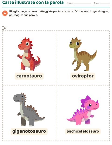 Anteprima della scheda di Carte illustrate con la parola con Dinosauri per Scuola dell'infanzia (5-7 anni)