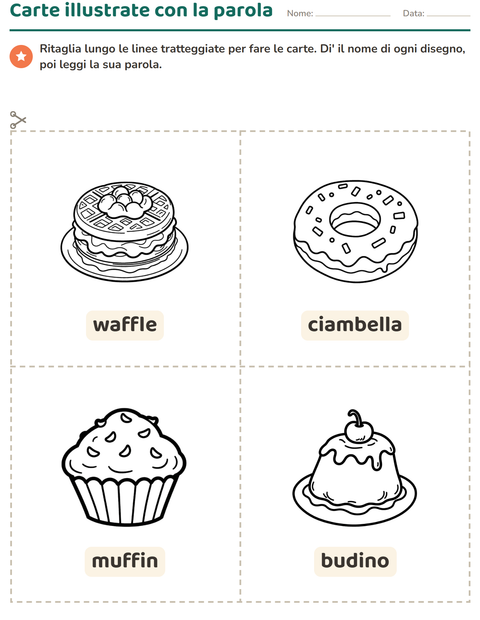 Anteprima della scheda di Carte illustrate con la parola con Dolce (B/N) per Scuola dell'infanzia (5-7 anni)