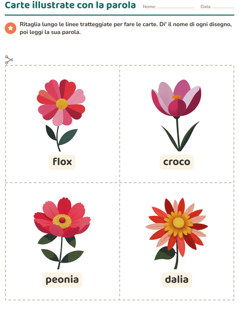 Anteprima della scheda di Carte illustrate con la parola con Fiori per Scuola dell'infanzia (5-7 anni)
