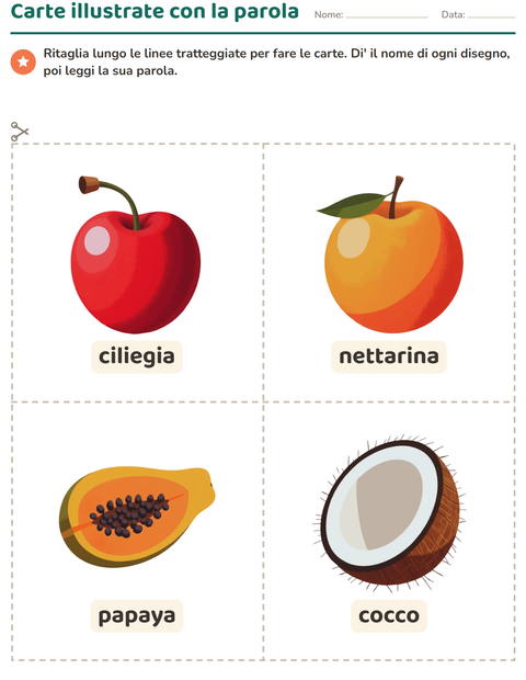 Anteprima della scheda di Carte illustrate con la parola con Frutta per Scuola dell'infanzia (5-7 anni)