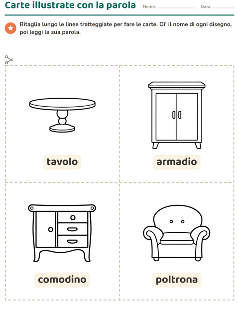 Anteprima della scheda di Carte illustrate con la parola con Mobili BN per Scuola dell'infanzia (5-7 anni)