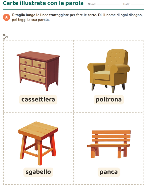 Anteprima della scheda di Carte illustrate con la parola con Mobili per Scuola dell'infanzia (5-7 anni)