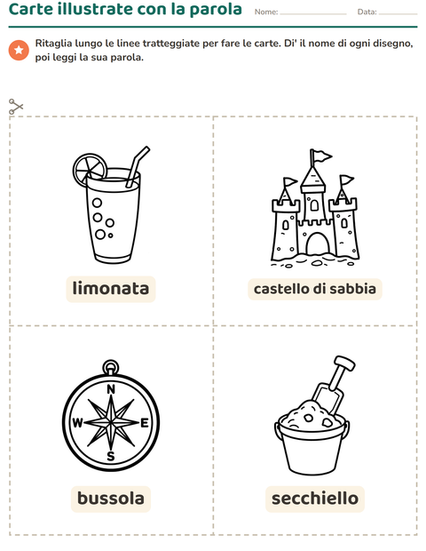 Anteprima della scheda di Carte illustrate con la parola con Spiaggia BN per Scuola dell'infanzia (5-7 anni)