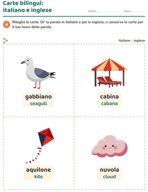 Anteprima della scheda di Carte illustrate con la parola con Spiaggia per Scuola dell'infanzia (5-7 anni)