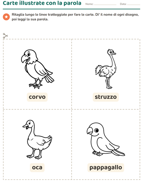 Anteprima della scheda di Carte illustrate con la parola con Uccelli B&N 2 per Scuola dell'infanzia (5-7 anni)