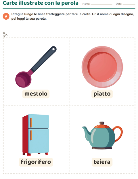 Anteprima della scheda di Carte illustrate con la parola con Utensili da cucina per Scuola dell'infanzia (5-7 anni)