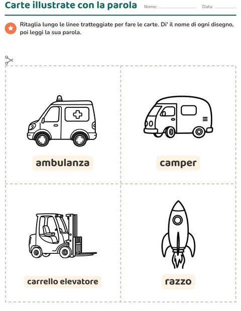 Anteprima della scheda di Carte illustrate con la parola con Veicoli BN 3 per Scuola dell'infanzia (5-7 anni)