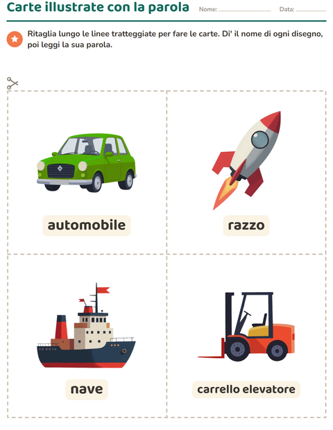 Anteprima della scheda di Carte illustrate con la parola con Veicoli per Scuola dell'infanzia (5-7 anni)