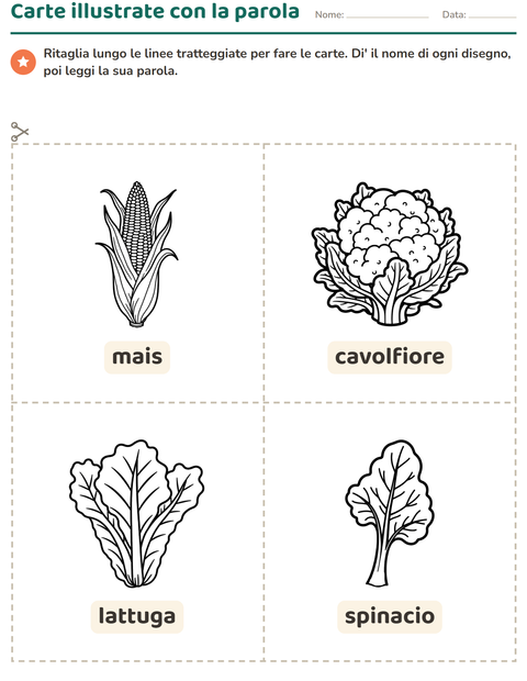 Anteprima della scheda di Carte illustrate con la parola con Verdure BN 2 per Scuola dell'infanzia (5-7 anni)