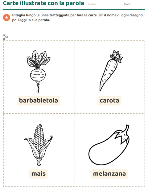 Anteprima della scheda di Carte illustrate con la parola con Verdure BN per Scuola dell'infanzia (5-7 anni)