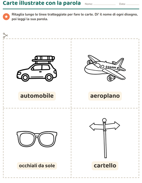Anteprima della scheda di Carte illustrate con la parola con Viaggi e Vacanze BN per Scuola dell'infanzia (5-7 anni)