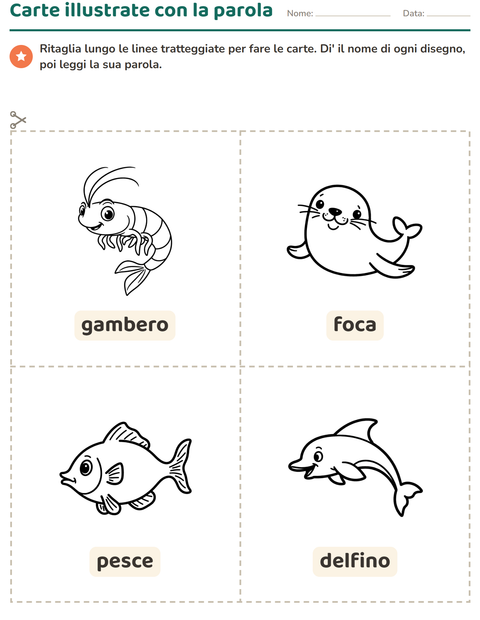 Anteprima della scheda di Carte illustrate con la parola con Vita marina BN 2 per Scuola dell'infanzia (5-7 anni)