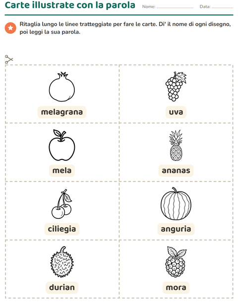 Anteprima della scheda di Carte illustrate con la parola con Frutta BN per Scuola dell'infanzia (5-7 anni)