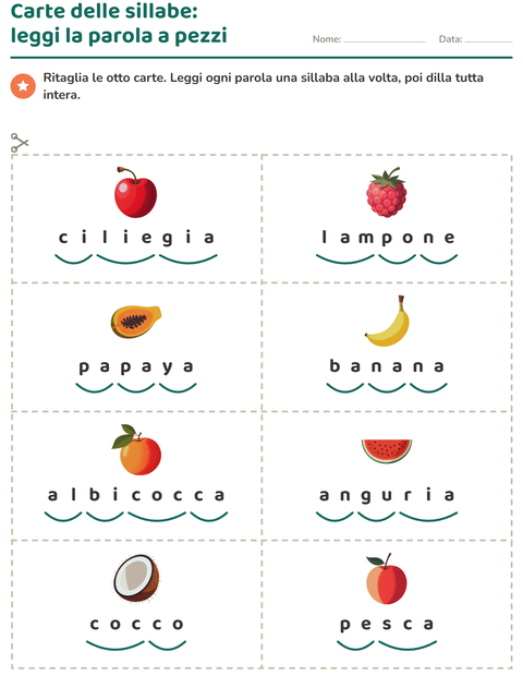 Anteprima della scheda di Carte illustrate con la parola con Frutta per Scuola primaria classe prima