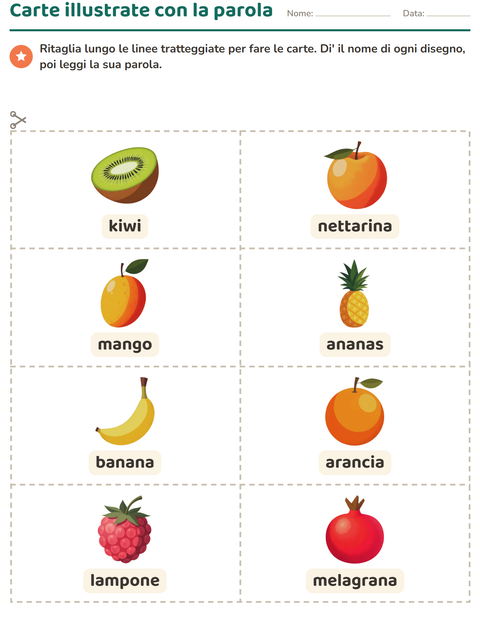 Anteprima della scheda di Carte illustrate con la parola con Frutta per Scuola dell'infanzia (5-7 anni)