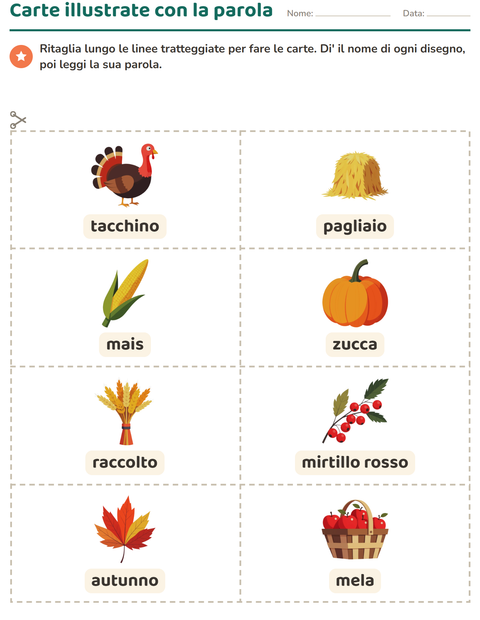 Anteprima della scheda di Carte illustrate con la parola con Giorno del Ringraziamento per Scuola dell'infanzia (5-7 anni)