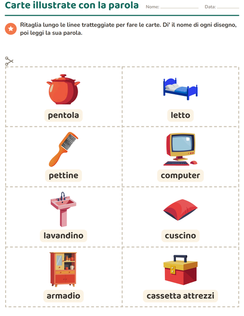 Anteprima della scheda di Carte illustrate con la parola con In giro per casa per Scuola dell'infanzia (5-7 anni)