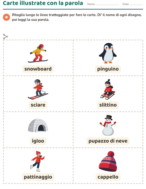 Anteprima della scheda di Carte illustrate con la parola con Inverno per Scuola dell'infanzia (5-7 anni)