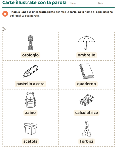 Anteprima della scheda di Carte illustrate con la parola con Istruzione BN per Scuola dell'infanzia (5-7 anni)