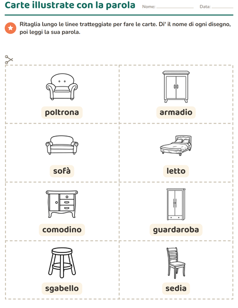 Anteprima della scheda di Carte illustrate con la parola con Mobili BN per Scuola dell'infanzia (5-7 anni)