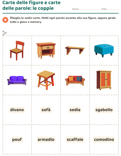 Anteprima della scheda di Carte illustrate con la parola con Mobili per Scuola dell'infanzia (5-7 anni)
