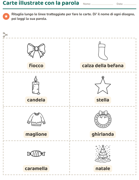 Anteprima della scheda di Carte illustrate con la parola con Natale B&N per Scuola dell'infanzia (5-7 anni)