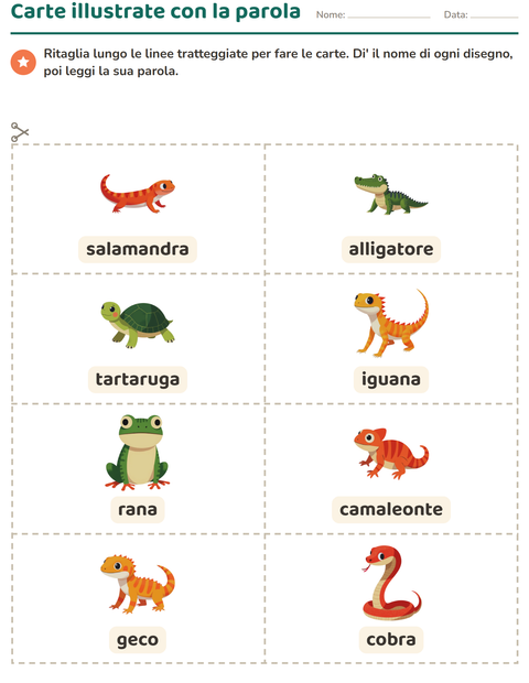 Anteprima della scheda di Carte illustrate con la parola con Rettili e anfibi per Scuola dell'infanzia (5-7 anni)