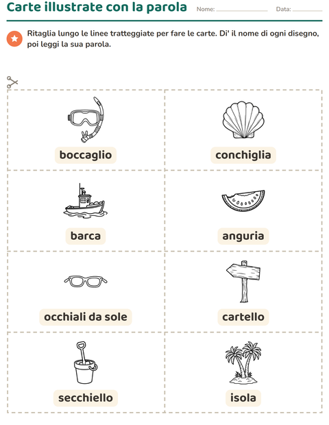 Anteprima della scheda di Carte illustrate con la parola con Spiaggia BN 2 per Scuola dell'infanzia (5-7 anni)