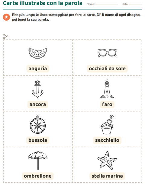 Anteprima della scheda di Carte illustrate con la parola con Spiaggia BN per Scuola dell'infanzia (5-7 anni)