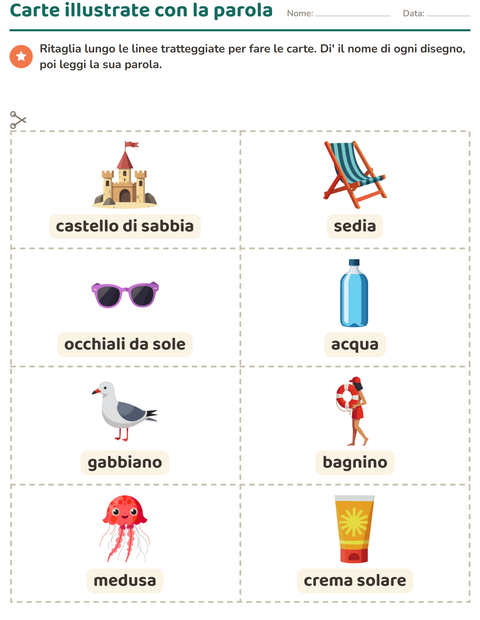 Anteprima della scheda di Carte illustrate con la parola con Spiaggia per Scuola dell'infanzia (5-7 anni)