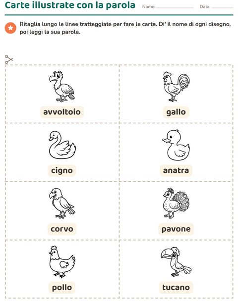 Anteprima della scheda di Carte illustrate con la parola con Uccelli B&N 2 per Scuola dell'infanzia (5-7 anni)