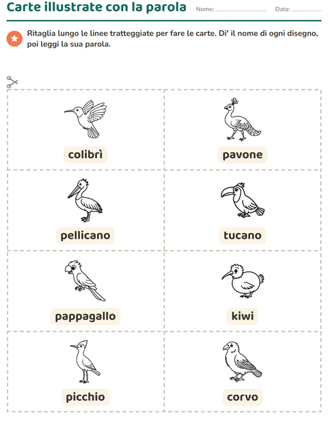 Anteprima della scheda di Carte illustrate con la parola con Uccelli B&N per Scuola dell'infanzia (5-7 anni)