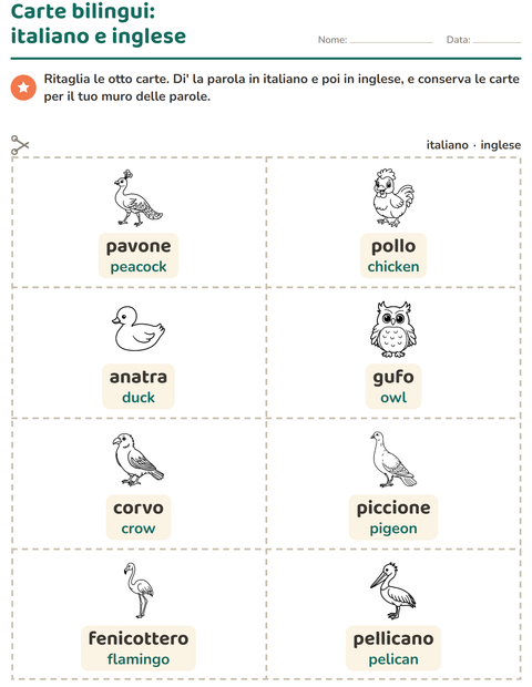 Anteprima della scheda di Carte illustrate con la parola con Uccelli B&N per Scuola dell'infanzia (5-7 anni)