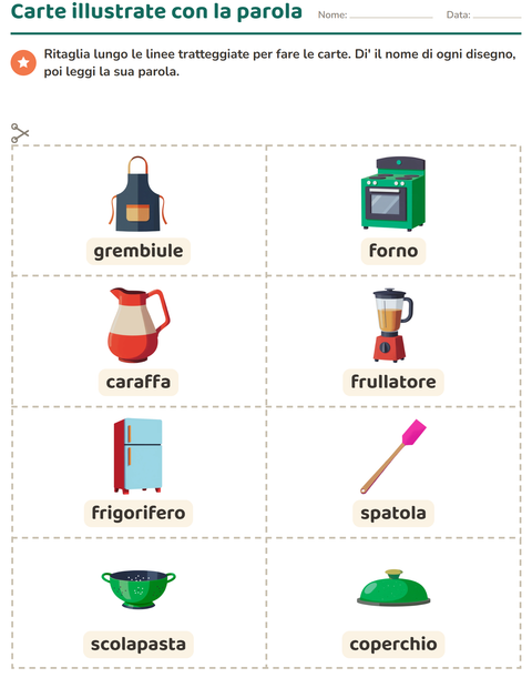 Anteprima della scheda di Carte illustrate con la parola con Utensili da cucina per Scuola dell'infanzia (5-7 anni)