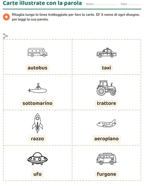 Anteprima della scheda di Carte illustrate con la parola con Veicoli BN 2 per Scuola dell'infanzia (5-7 anni)