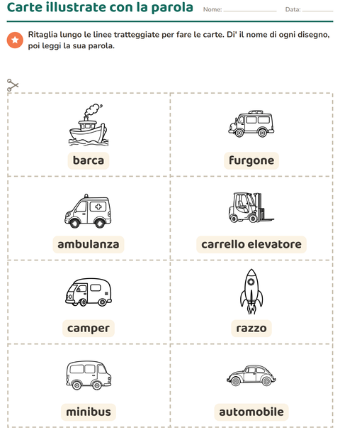 Anteprima della scheda di Carte illustrate con la parola con Veicoli BN 3 per Scuola dell'infanzia (5-7 anni)