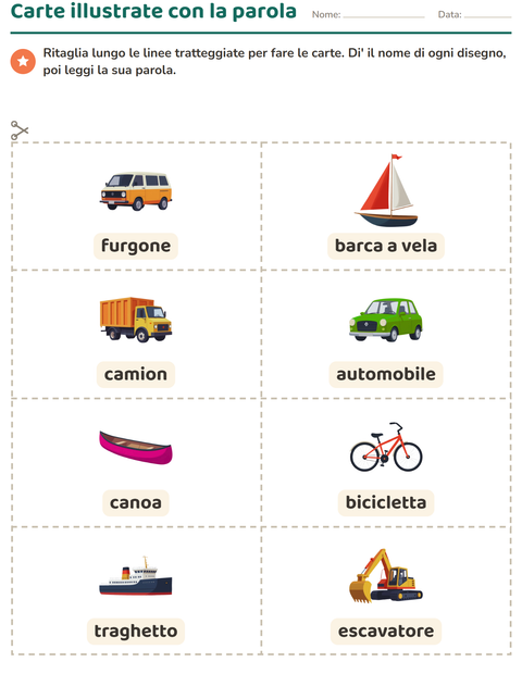 Anteprima della scheda di Carte illustrate con la parola con Veicoli per Scuola dell'infanzia (5-7 anni)