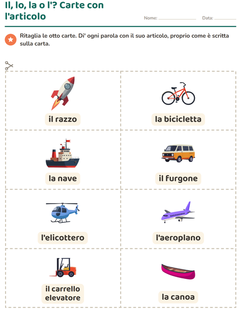 Anteprima della scheda di Carte illustrate con la parola con Veicoli per Scuola dell'infanzia (5-7 anni)