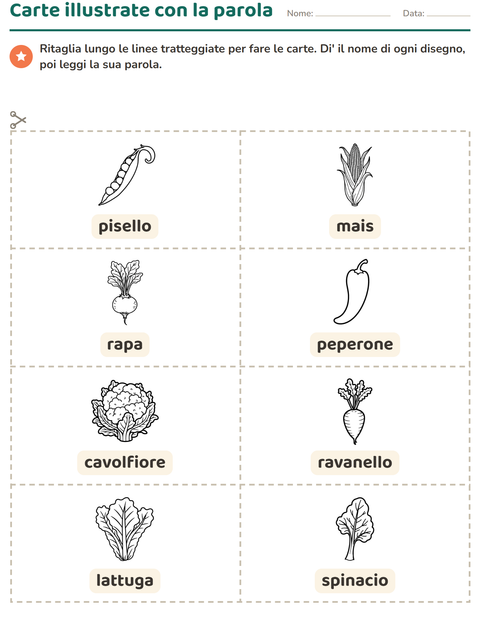 Anteprima della scheda di Carte illustrate con la parola con Verdure BN 2 per Scuola dell'infanzia (5-7 anni)