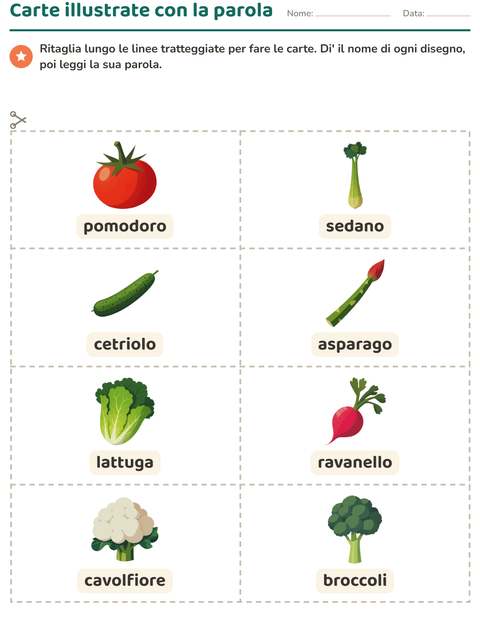 Anteprima della scheda di Carte illustrate con la parola con Verdure per Scuola dell'infanzia (5-7 anni)