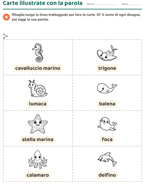Anteprima della scheda di Carte illustrate con la parola con Vita marina BN 2 per Scuola dell'infanzia (5-7 anni)