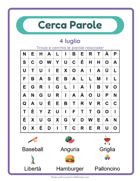 Anteprima della scheda di Cerca Parole con 4 luglio per Scuola primaria classe prima