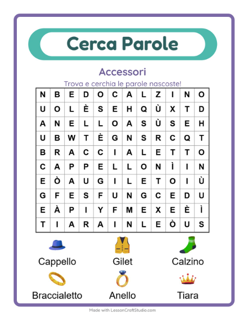 Anteprima della scheda di Cerca Parole con Accessori per Scuola primaria classe prima