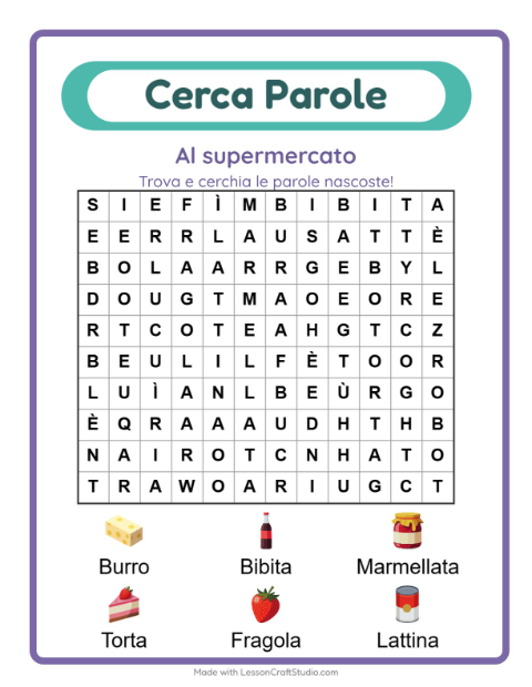 Anteprima della scheda di Cerca Parole con Al supermercato per Scuola primaria classe prima