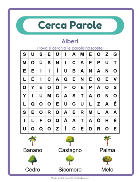 Anteprima della scheda di Cerca Parole con Alberi per Scuola primaria classe prima