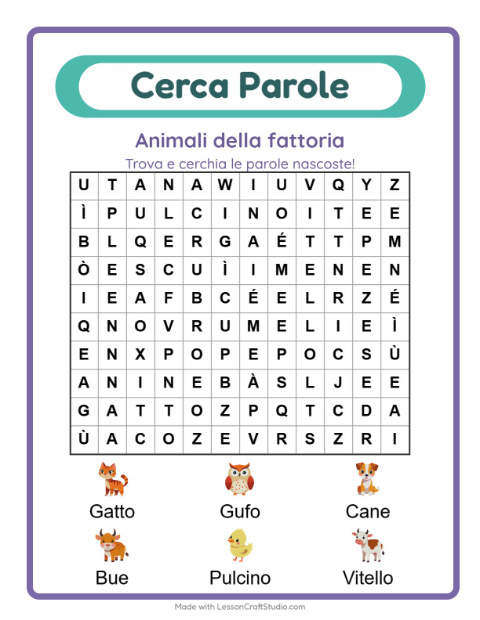 Anteprima della scheda di Cerca Parole con Animali della fattoria per Scuola primaria classe prima