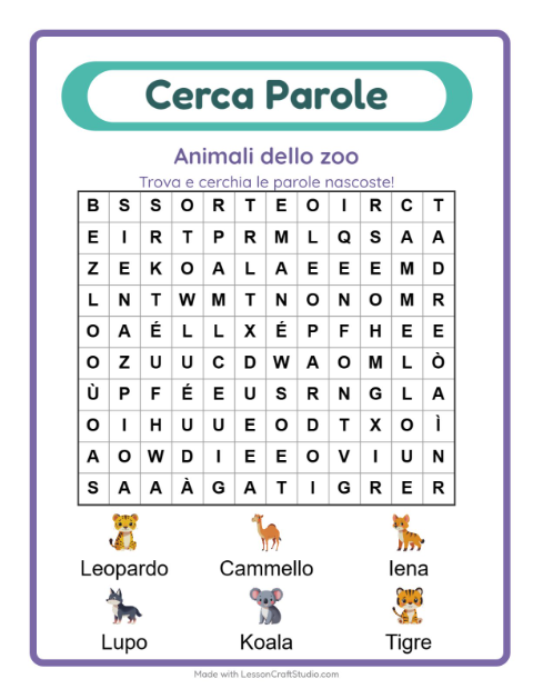 Anteprima della scheda di Cerca Parole con Animali dello zoo per Scuola primaria classe prima