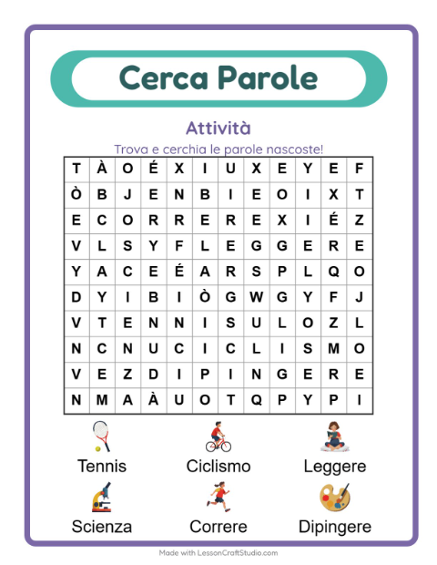 Anteprima della scheda di Cerca Parole con Attività per Scuola primaria classe prima
